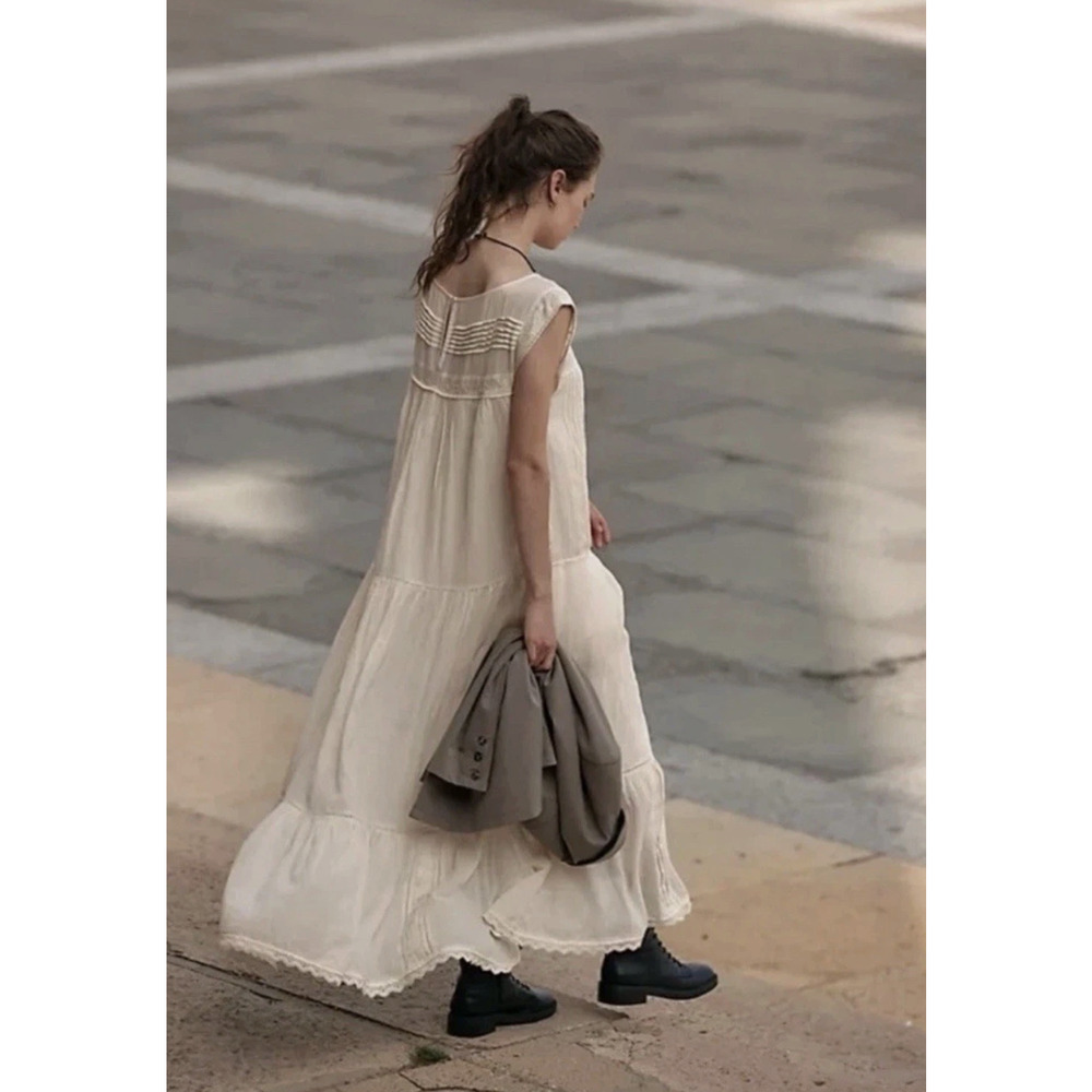 NEW FREE PEOPLE IVORY MEADOWS EDGE EYELET LACE PINTUCK MAXI DRESS SZ L - Picture 6 of 11